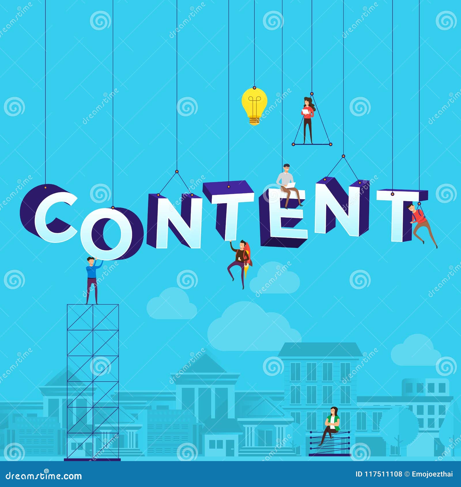 flat  concept small people working typography word Ã¢â¬ÅcontentÃ¢â¬Â.  illustrate.